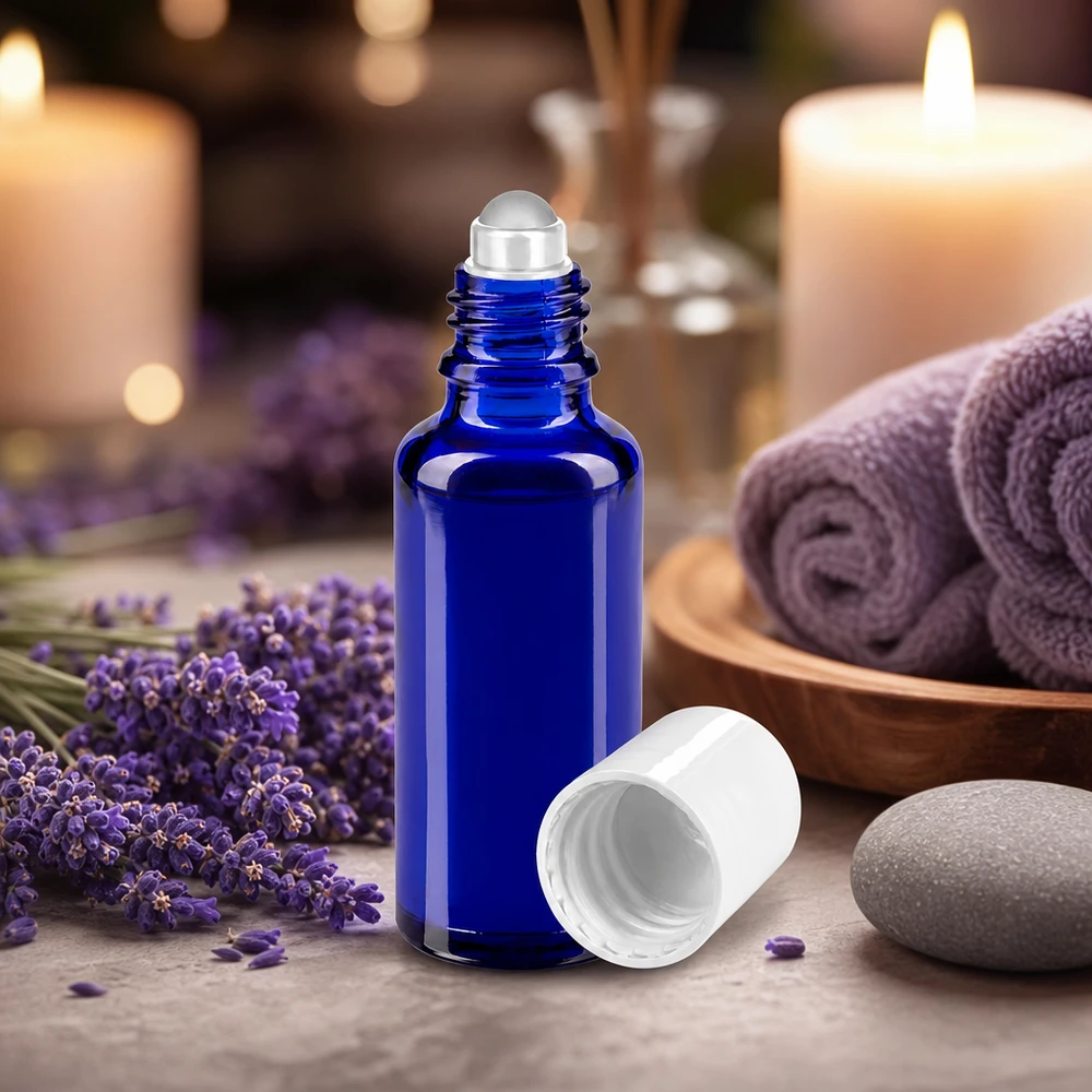Frasco roll-on de 30 ml de cristal de farmacia azul cobalto con tapón estándar blanco