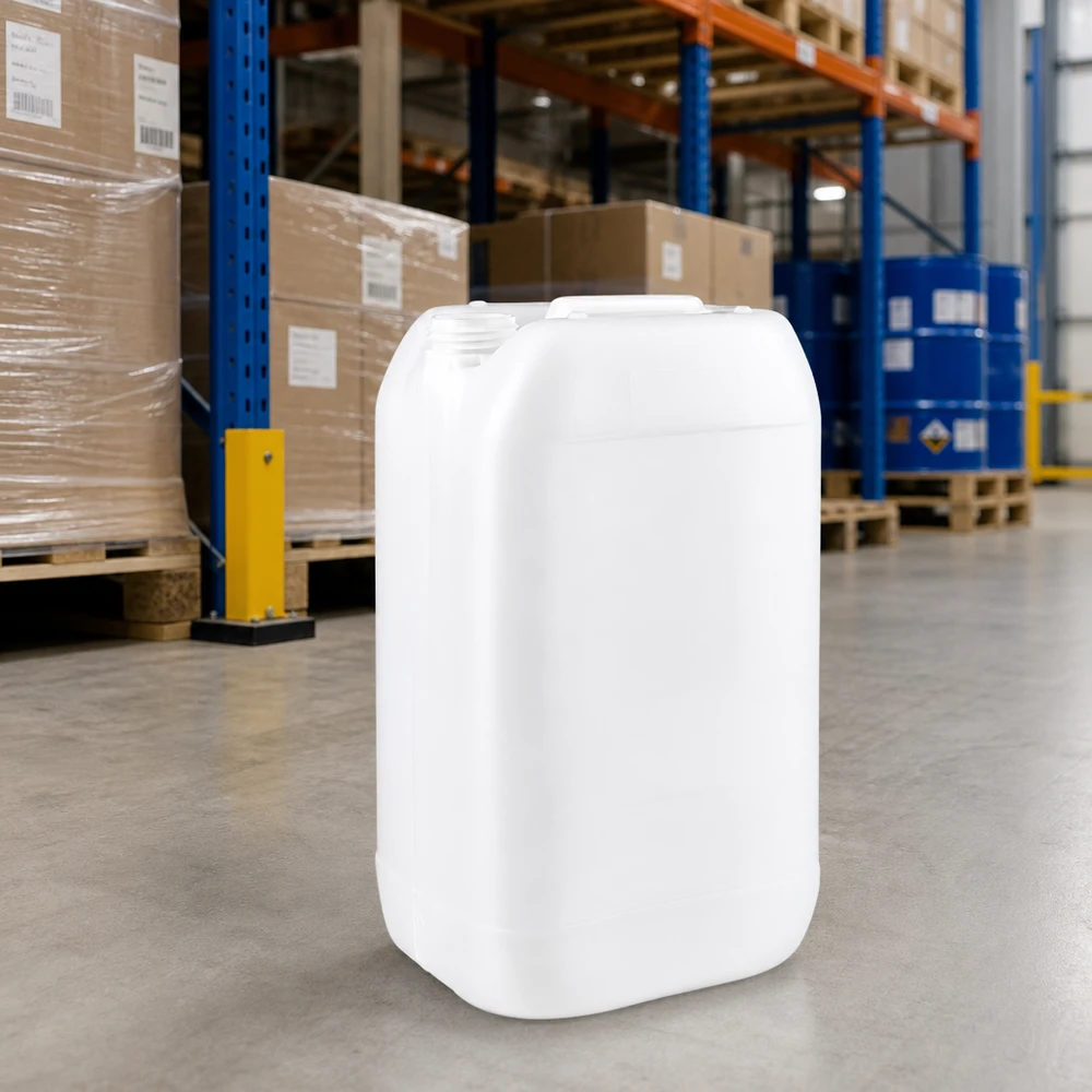 Bidón industrial apilable de 15 litros sin tapón, en color blanco natural, para almacenes y logística