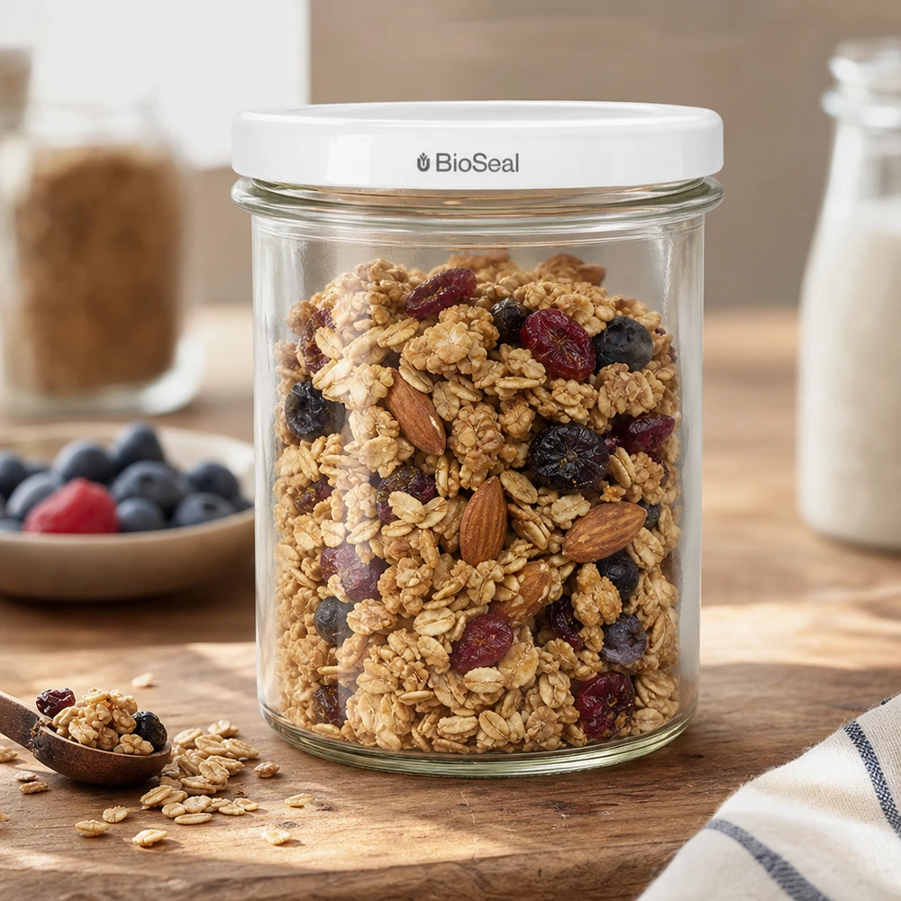El tarro de almacenaje UNiTWIST Sturz350 lleno de muesli muestra el uso práctico en la cocina de la tapa blanca TO82 BioSeal
