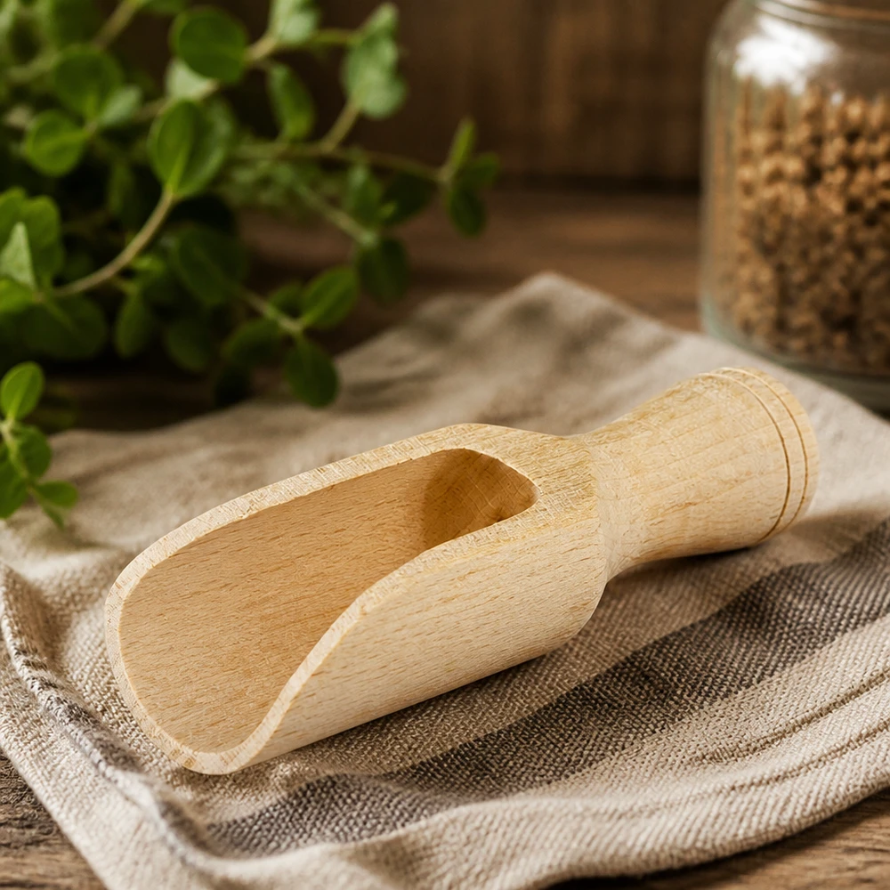 Pala de madera S de haya 7,5cm sobre tela de lino con hierbas y tarro de especias menaje de cocina natural