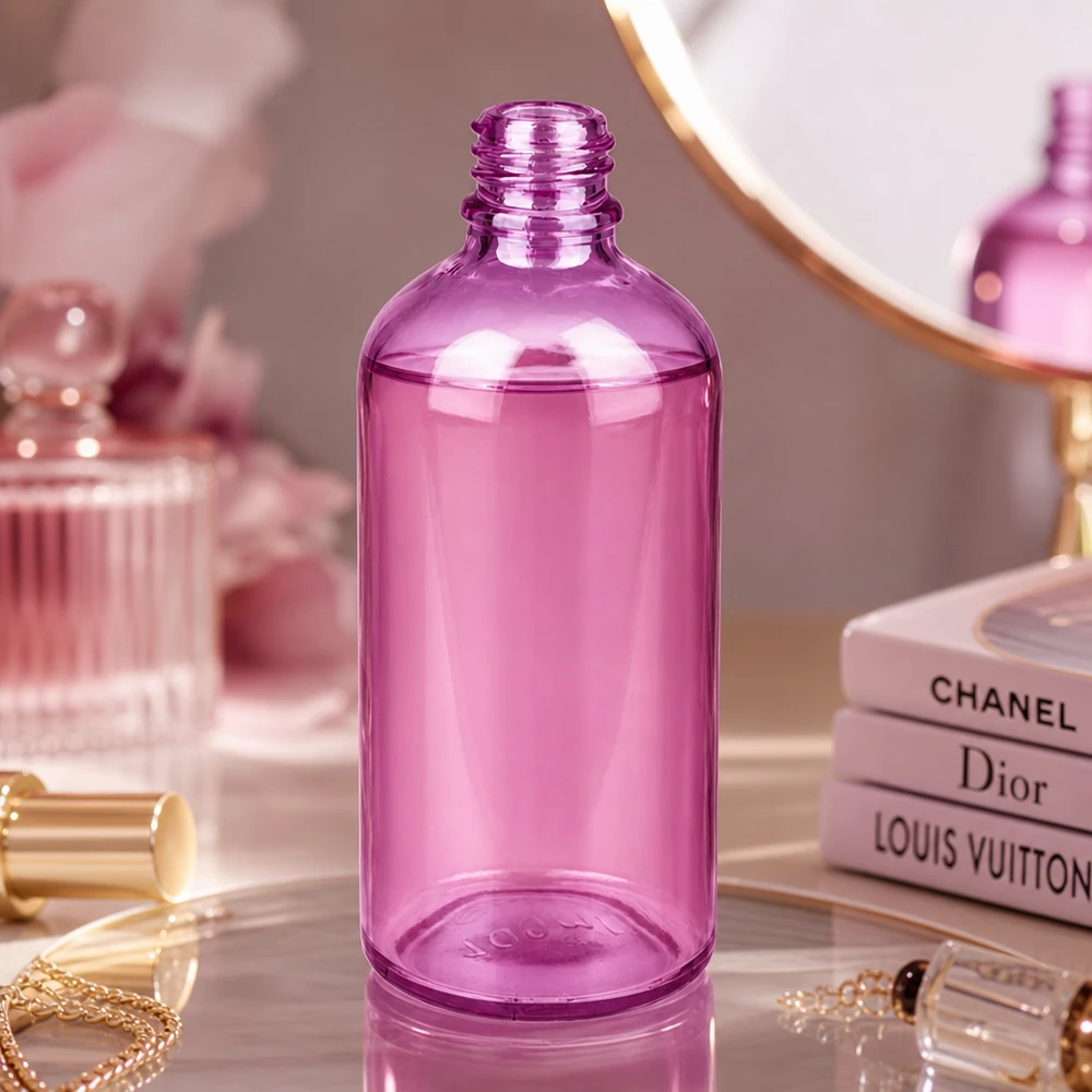 Frasco de farmacia transparente 100ml PurpleLine con silueta estilizada y rosca UNiTWIST UT18