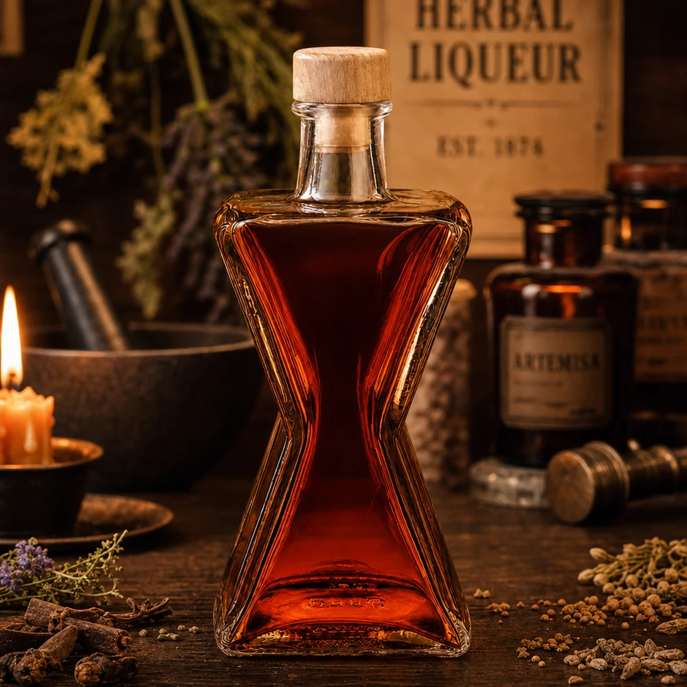 Botella de cristal Star de 200 ml llena de licor de hierbas rojas - Corcho de madera UNiTWIST en ambiente de botica