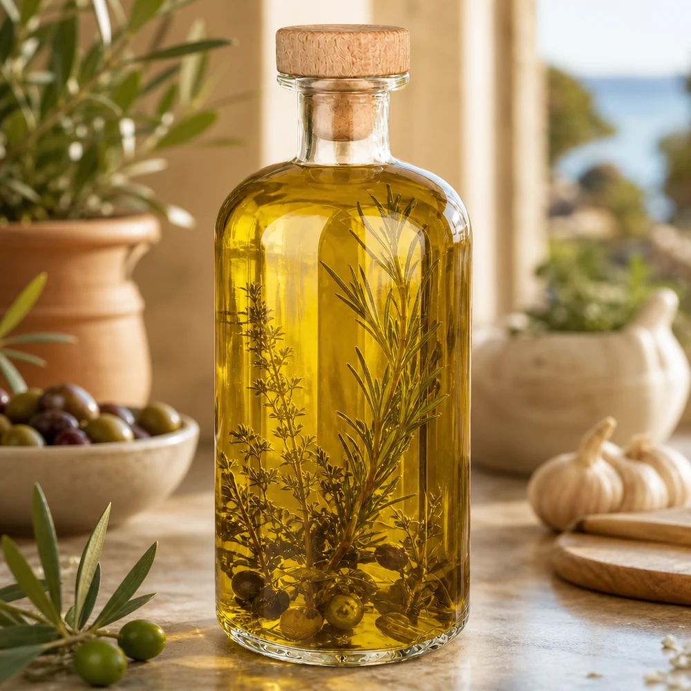 Botella de cristal Flora 500ml llena de aceite de hierbas entre aceitunas romero y ajo ambiente cocina mediterránea
