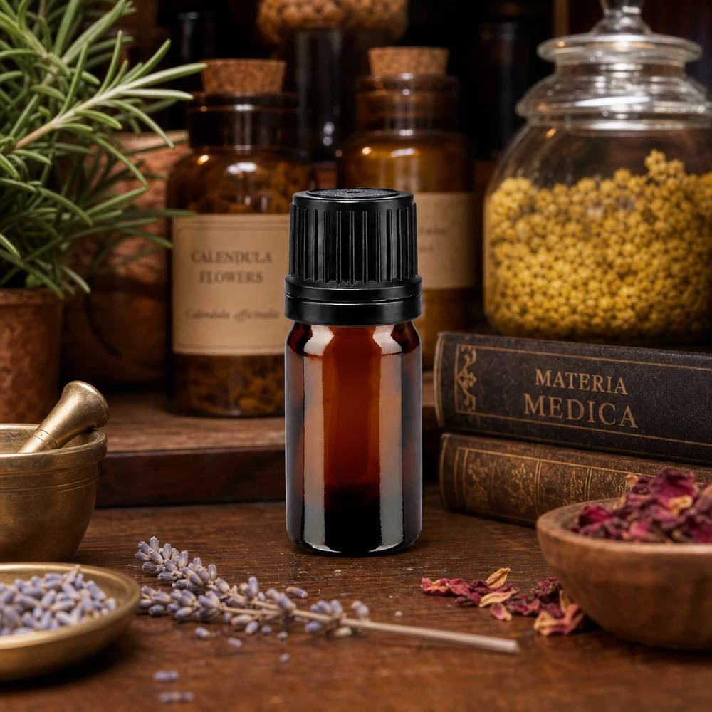 Botella de farmacia marrón 5ml tapón de rosca negro anillo de vertido cierre inviolable Frasco de 5 ml de color ámbar con tapón de seguridad para niños de color negro, entre las hierbas medicinales y la Materia Médica
