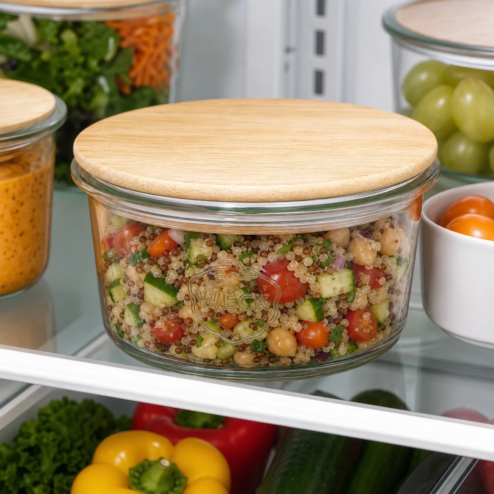 Tarro mini WECK RR60 de 50ml con tapa de madera WECK Mini Sturzglas 50ml mit Quinoa-Salat gefüllt im Kühlschrank - perfekt für Meal Prep und gesunde Vorratshaltung