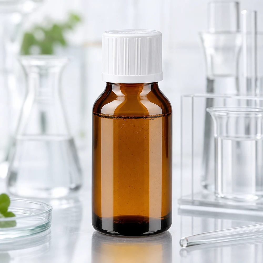 Frasco de farmacia de 15 ml de vidrio ámbar con tapón de seguridad infantil blanco, con un fondo de laboratorio