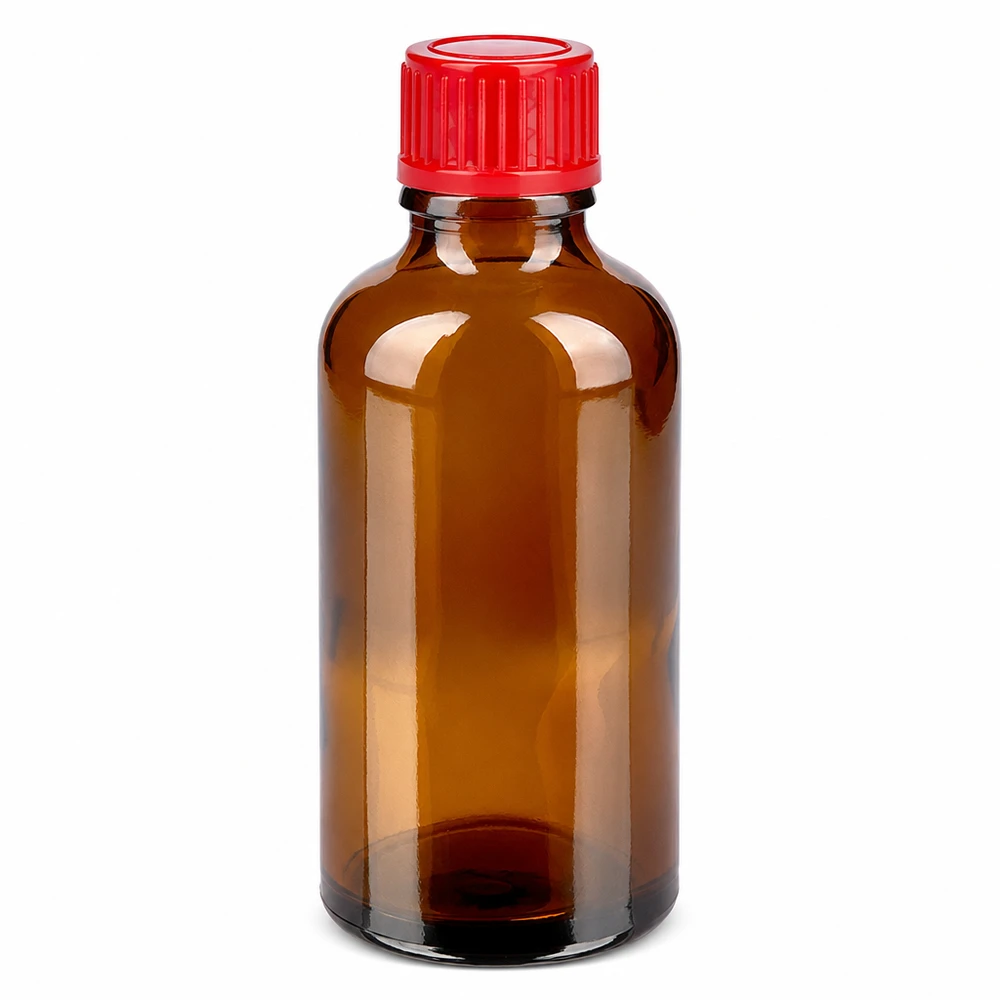 Frasco de vidrio marrón de 50 ml con tapón de rosca rojo para medicamentos y productos químicos