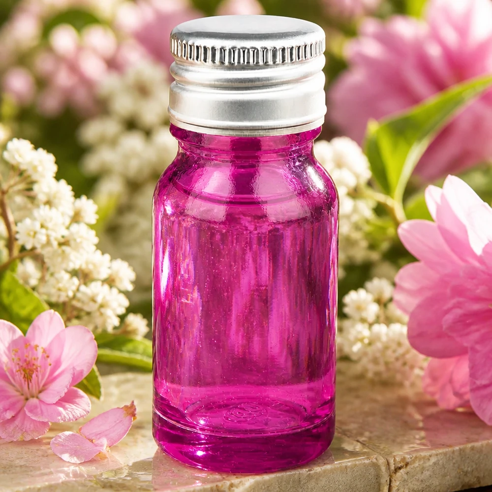Elegante frasco de 10 ml en violeta radiante con tapa de aluminio plateado de alta calidad