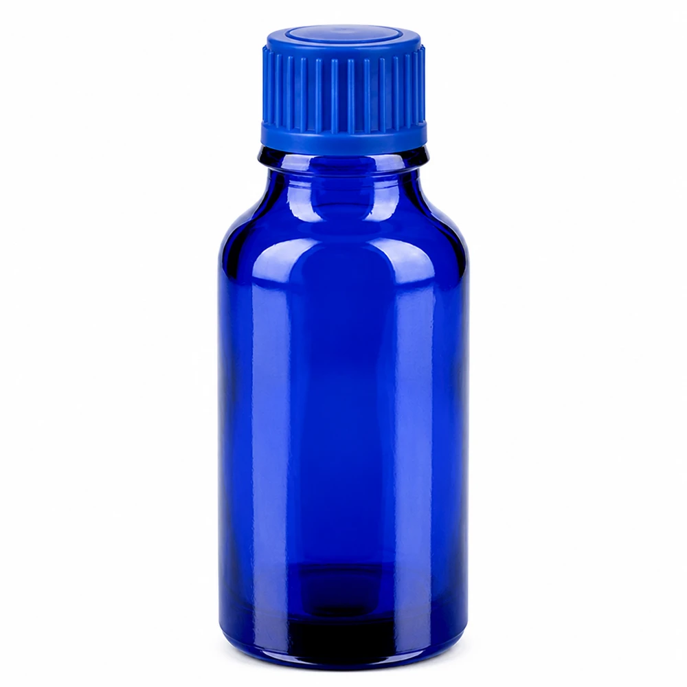 Frasco de vidrio azul de 20 ml con tapón de rosca de 11 mm para aceites esenciales y esencias