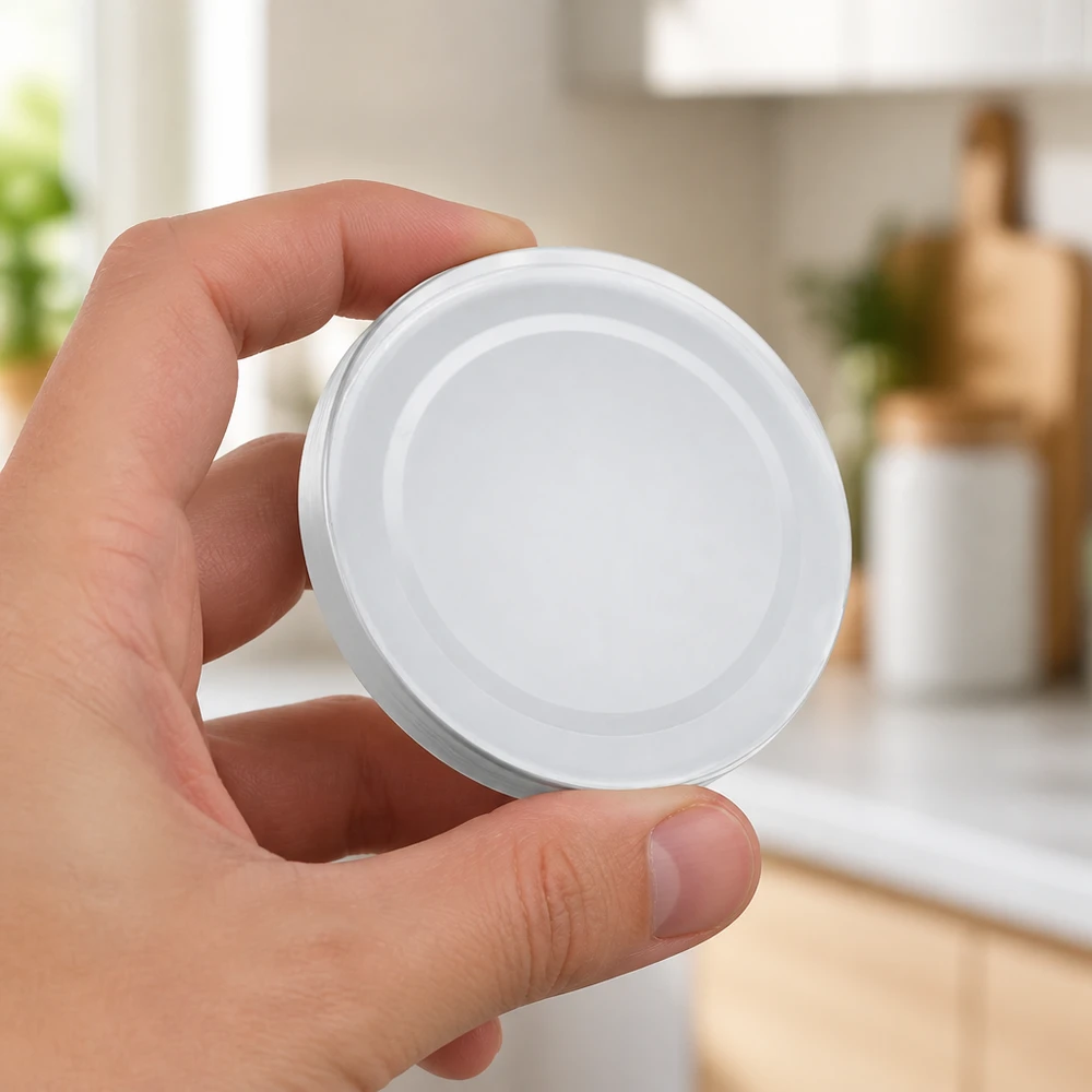 Tapa BasicSeal de 66 mm, blanca (TO66deep) UNiTWIST Tapa BasicSeal de 66 mm, blanca, TO66deep, UNiTWIST, sostenida con la mano, en un entorno de cocina