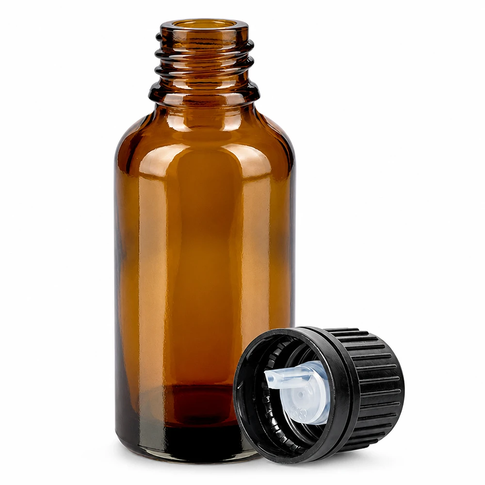 Frasco cuentagotas 30ml 1mm negro cierre inviolable BrownLine UT18/30 Frasco gotero de cristal marrón de 30 ml con abertura dosificadora de 1 mm para una aplicación precisa de los aceites esenciales