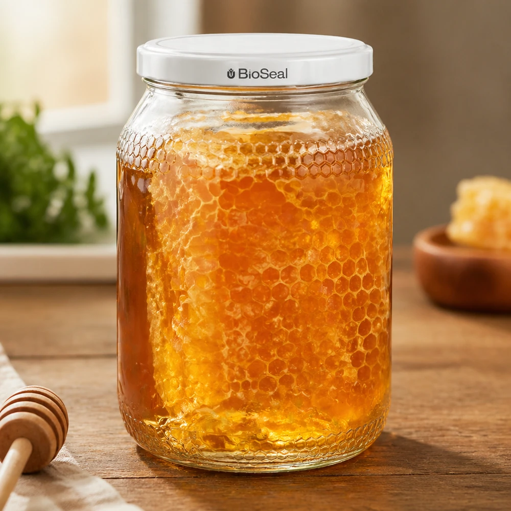 Tarro de miel de 900 ml con tapa BioSeal lleno de panal sobre una mesa de madera junto a una cuchara de miel en una cocina cálida.