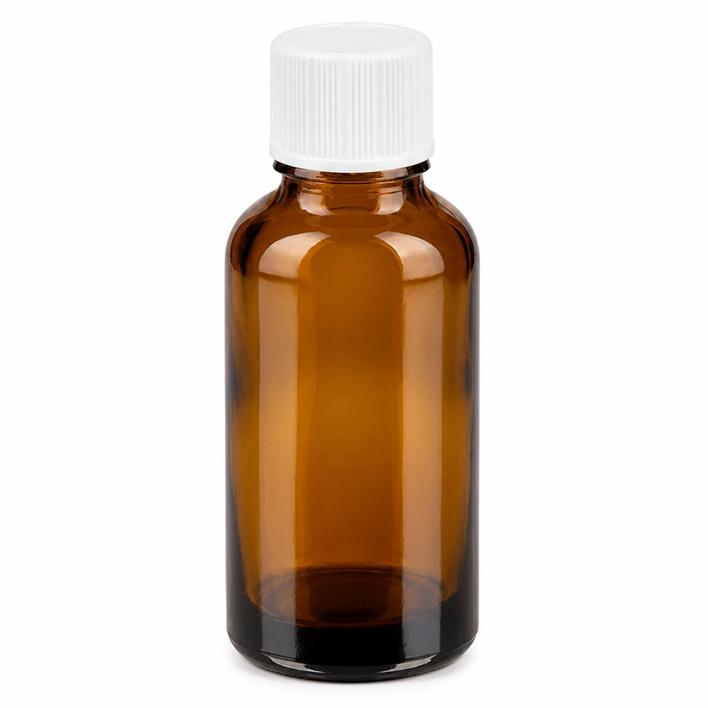 Frasco de vidrio ámbar de 30 ml con tapón de rosca blanco para cosméticos y productos farmacéuticos