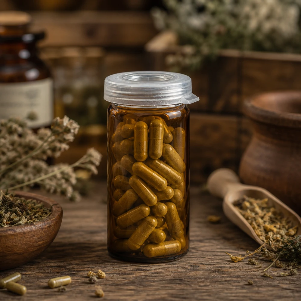 Frasco de cristal marrón con borde enrollado de 5 ml, lleno de cápsulas de hierbas de color amarillo dorado y con una tapa de plástico a presión de cierre seguro