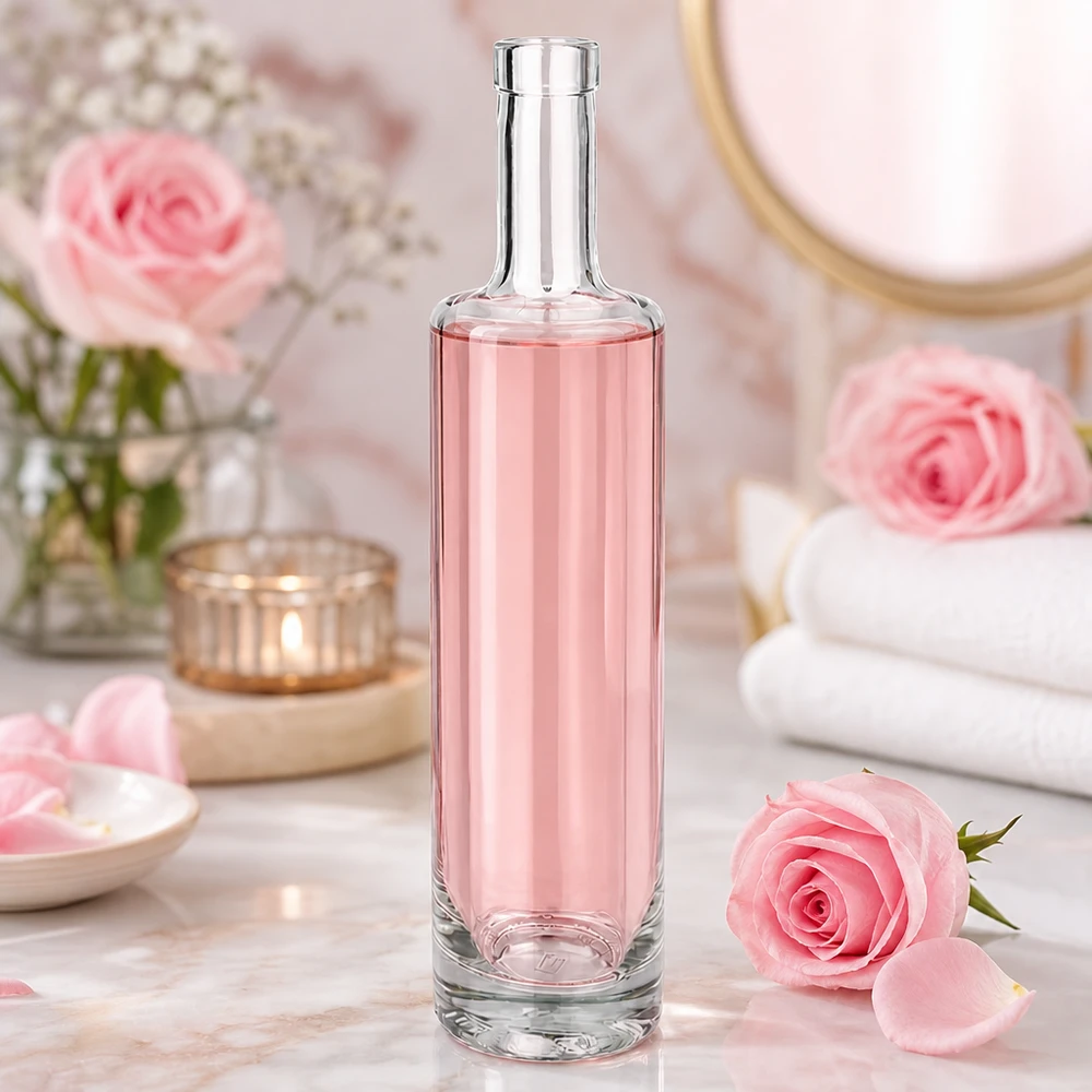 Botella de cristal Lina de 500 ml con contenido de color rosa en una romántica atmósfera de spa con rosas rosas y decoración wellness