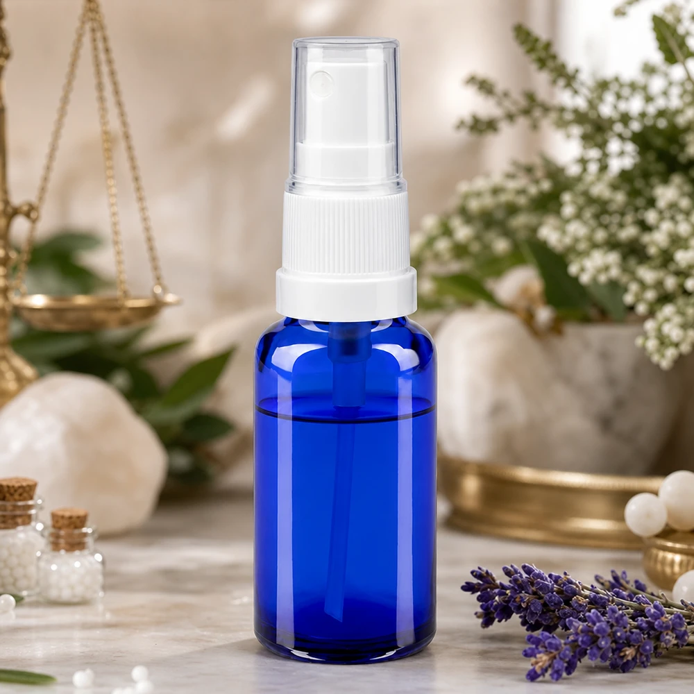 Frasco de farmacia azul de 20 ml con pulverizador blanco, junto a lavanda y glóbulos homeopáticos