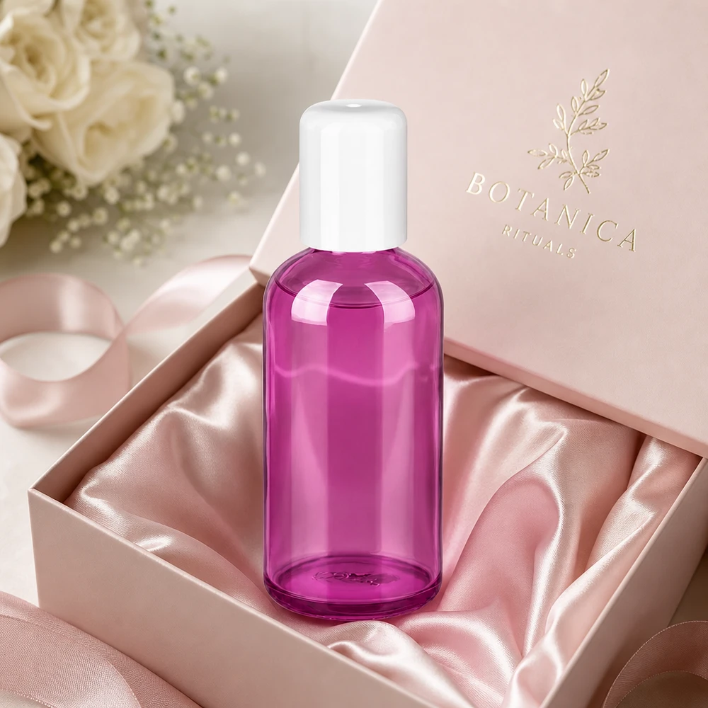 Frasco roll-on transparente de 100 ml en color morado con práctico tapón roll-on para facilitar la dosificación