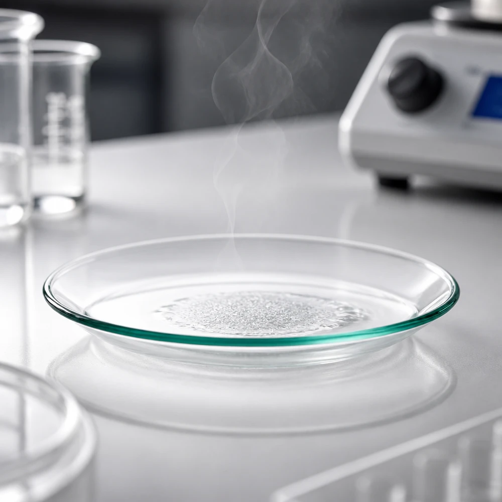 Reloj vaporizador plato de cristal 70mm muestra el proceso de evaporación con cristales blancos en un entorno de laboratorio