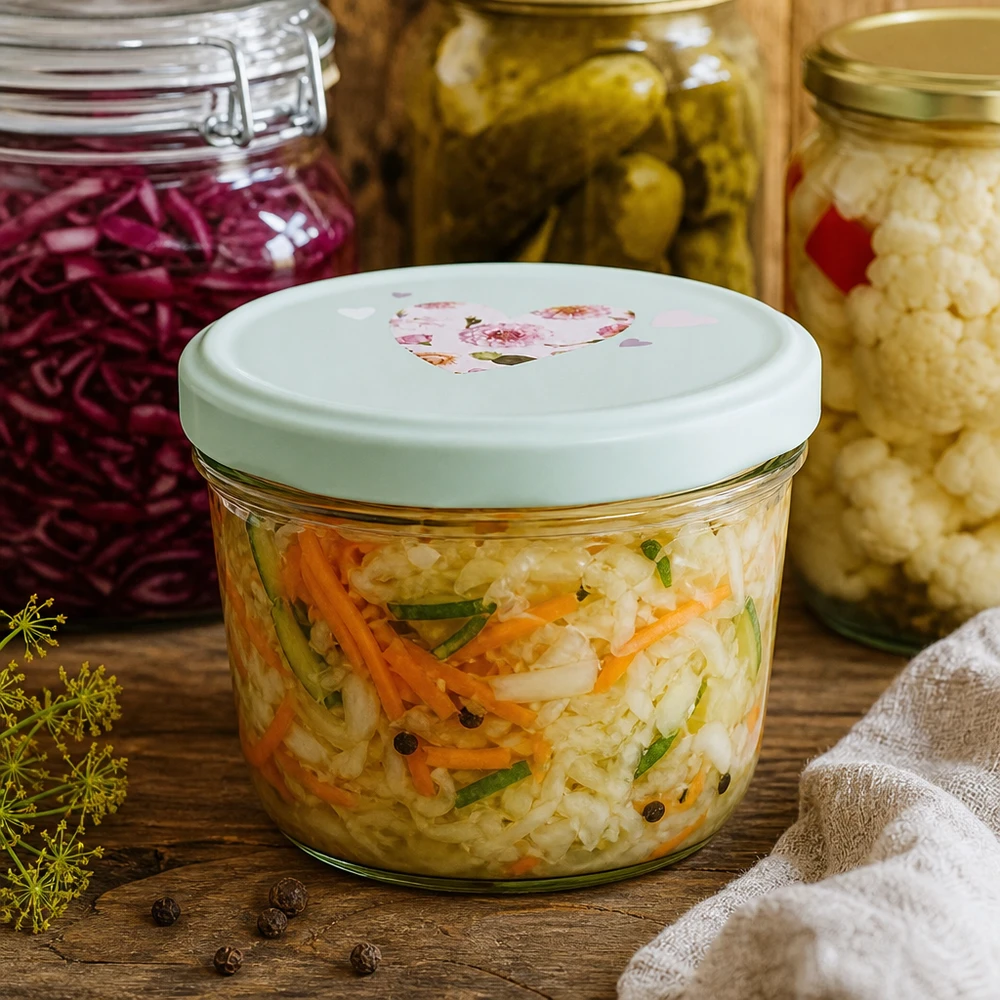 Vasos de 230 ml + tapa BasicSeal corazón menta UNiTWIST Verduras en escabeche en vasos de 230 ml con tapas en forma de corazón de menta, guarde los alimentos fermentados en tarros de conserva