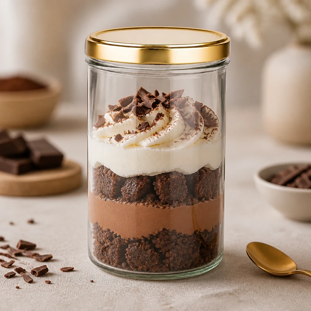 Vasos de 277 ml con tapa dorada UNiTWIST como vaso de postre para tiramisú de chocolate con nata y cacao