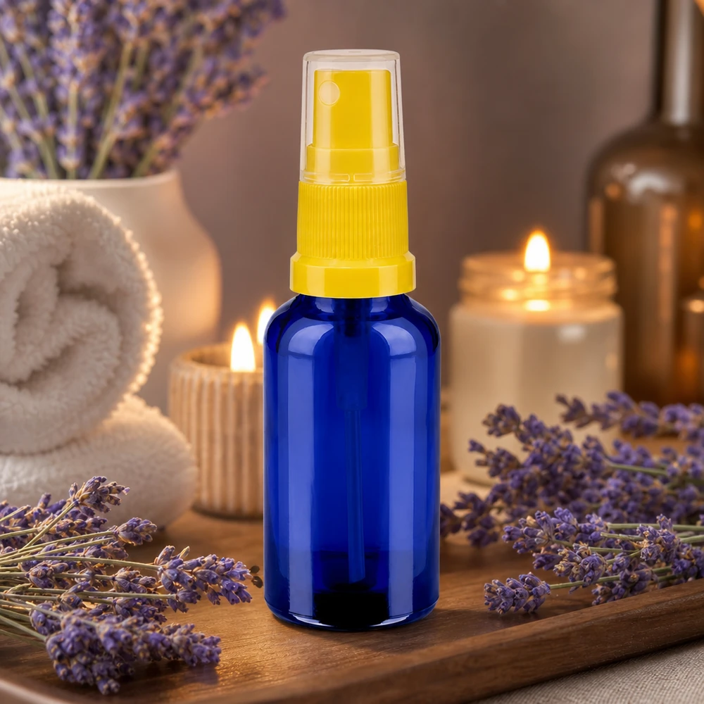 Frasco pulverizador BlueLine de alta calidad de 30 ml con cabezal transparente para aromaterapia y bienestar