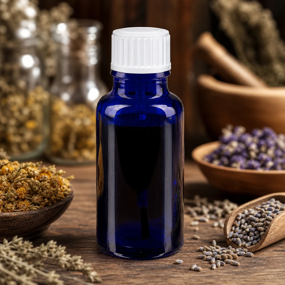 Frasco de farmacia azul de 20 ml con tapón blanco, rodeado de lavanda y hierbas