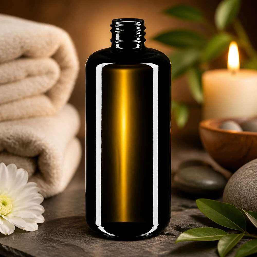 Frasco de vidrio violeta 200ml 410/24 Elegante botella de vidrio Draco de 200 ml con silueta estilizada para productos profesionales de spa y bienestar