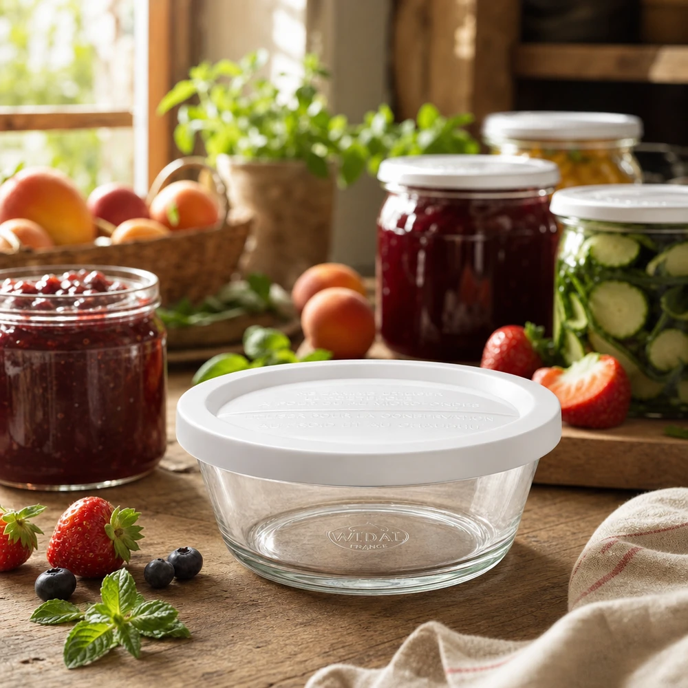 Tarro gourmet de 300ml con frisado. WECK RR120 WECK Gourmetglas RR120 in gemütlicher Küche mit Einmachgläsern und frischen Früchten für moderne Vorratshaltung