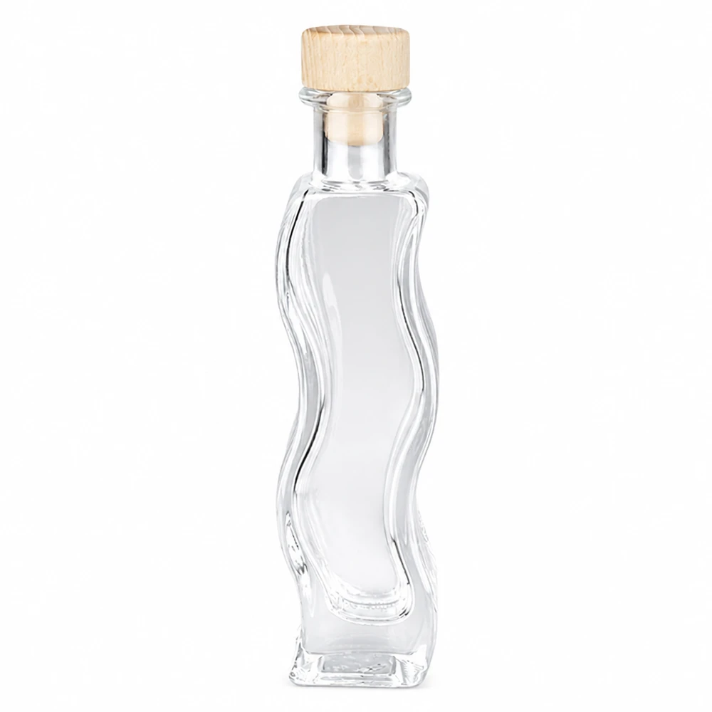 Botella de vidrio de 100 ml «Melissa» con tapón de corcho con asa de madera UNiTWIST® Botella de vidrio de 100 ml Melissa con asa de madera corcho UNiTWIST forma curvada botella vacía transparente decorativa