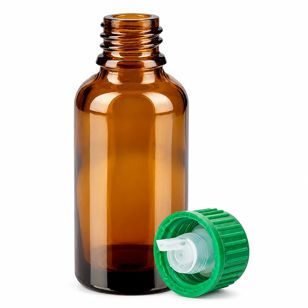 Frasco cuentagotas de 30 ml de vidrio ámbar con abertura de 0,8 mm para una dosificación fina de los aceites esenciales