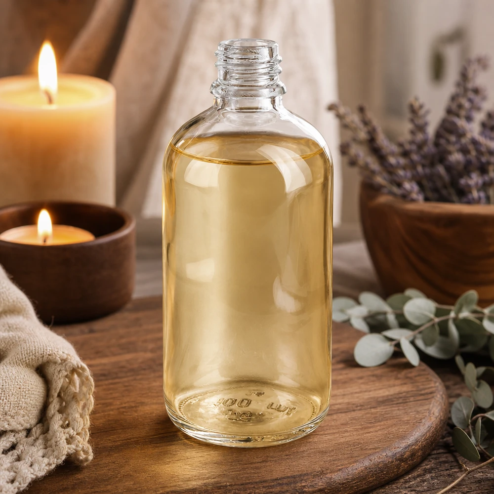 Botella de cristal transparente ClearLine DIN18 de 100 ml con aceite claro sobre una tabla de madera, junto a lavanda y velas