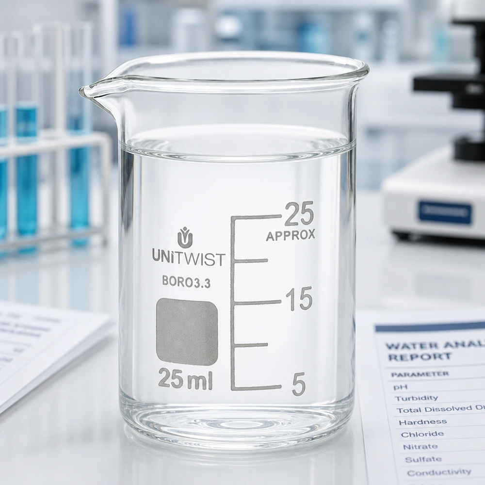 Vaso de precipitados UNiTWIST de 25 ml, de forma baja, con informe de análisis del agua y microscopio en el laboratorio