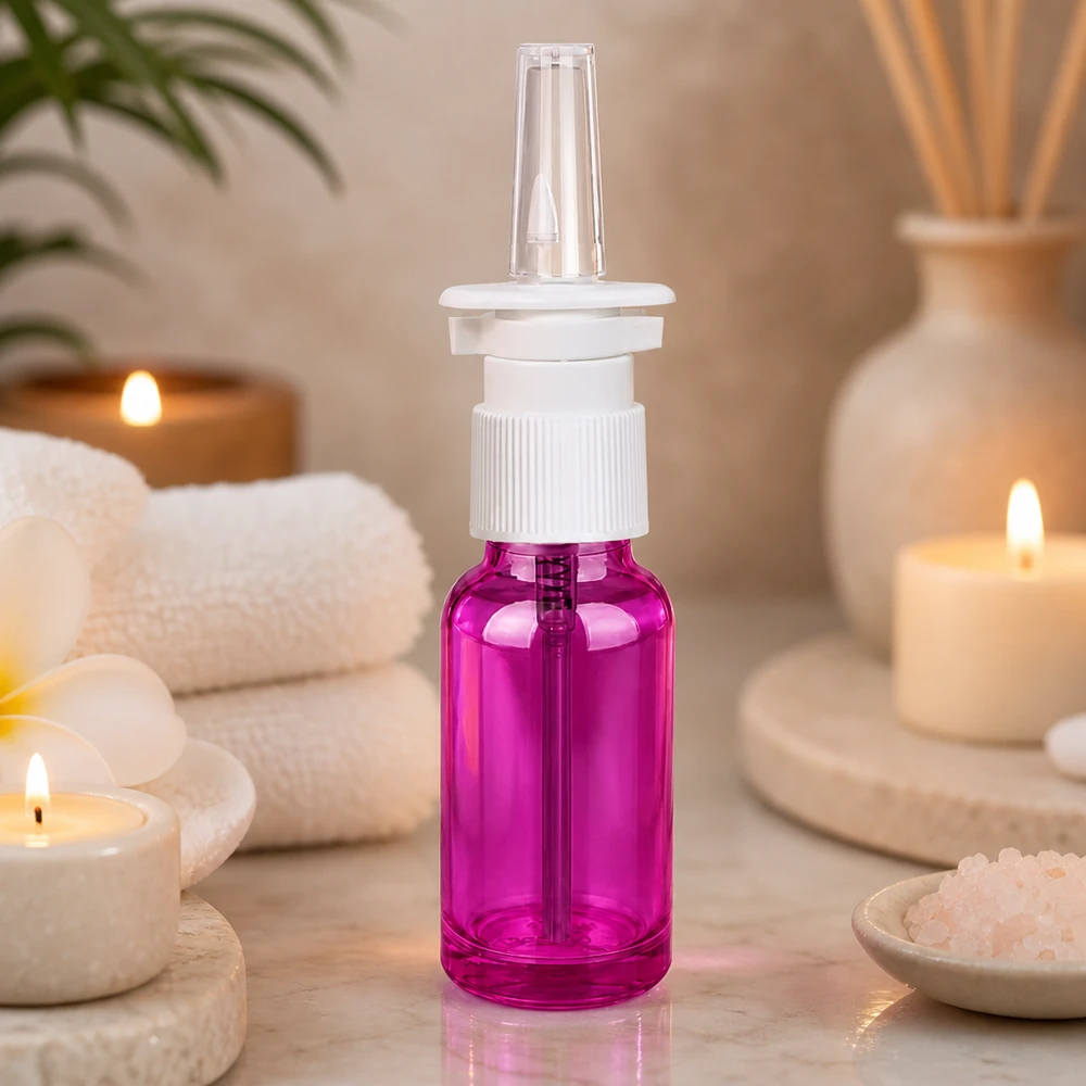 Pulverizador nasal compacto de 20 ml con rosca STD de color morado para aplicaciones médicas