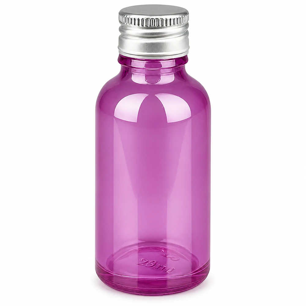 Frasco de vidrio de 30 ml de color morado brillante con tapón de aluminio plateado de 11 mm