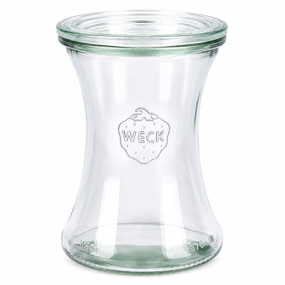 Tarro de cristal para productos delicados de 370 ml con tapa de cristal WECK RR80 WECK tarro delicatessen 370ml con tapa de cristal RR80 tarro de conserva vacío transparente con logotipo WECK