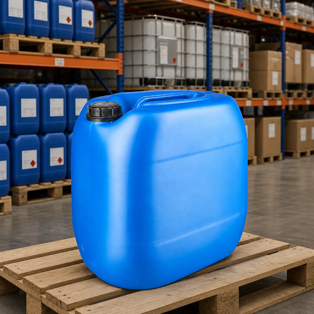 Jerrycan 30 litros azul con tapón de rosca cierre inviolable Bidón azul de 30 litros con tapón de rosca OV sobre un palé de madera en el almacén de productos químicos