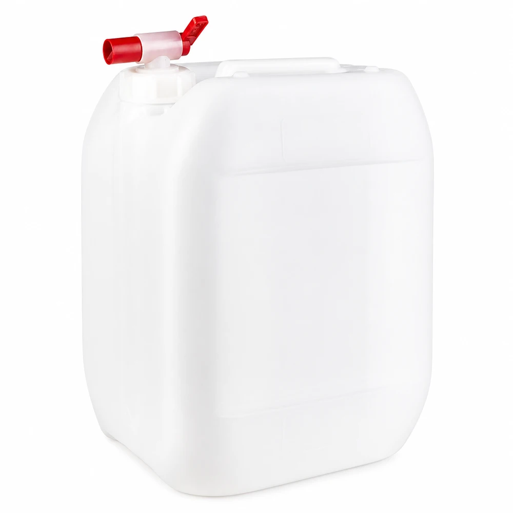 Bidón blanco de 10 litros fabricado en plástico HDPE con grifo de salida rojo en la parte superior