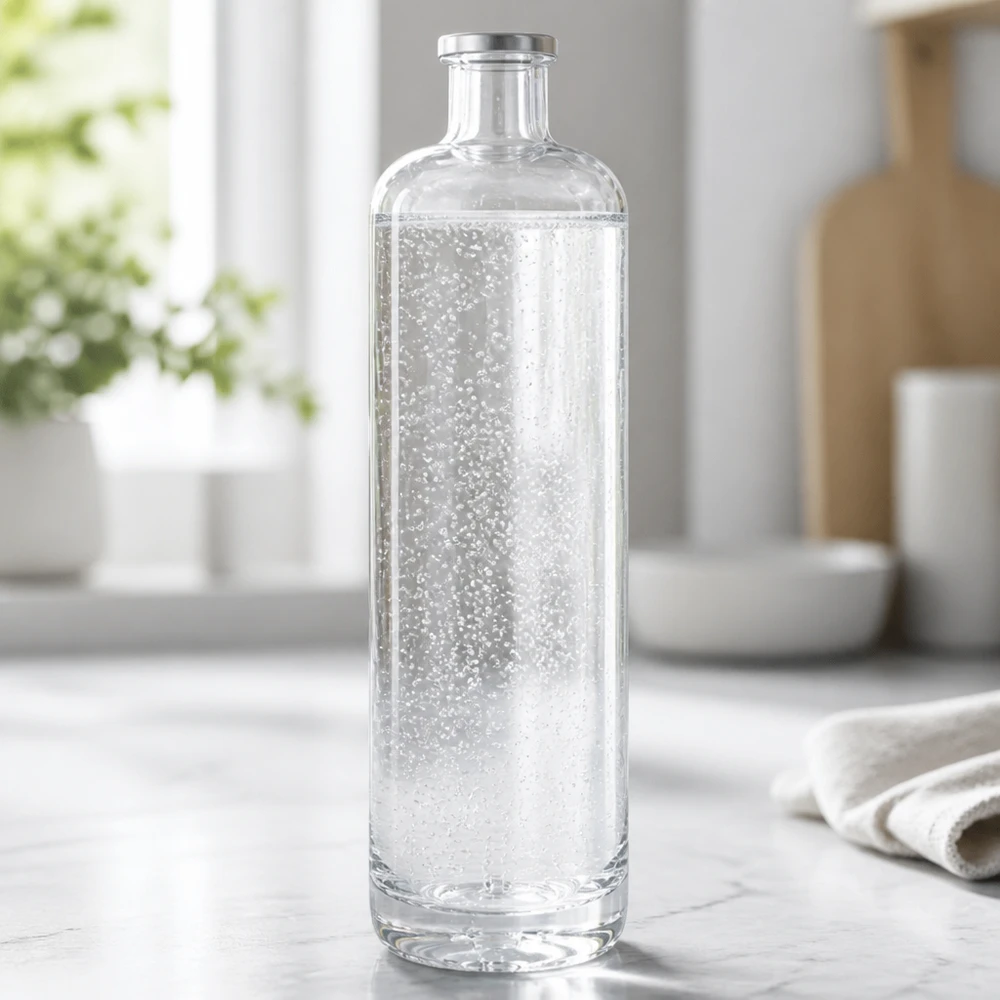 Botella de vidrio de 700 ml «Ella» sin tapón UNiTWIST® Botella de cristal de 700 ml de Ella llena de agua mineral con gas sobre una encimera de cocina de color claro en un ambiente moderno.