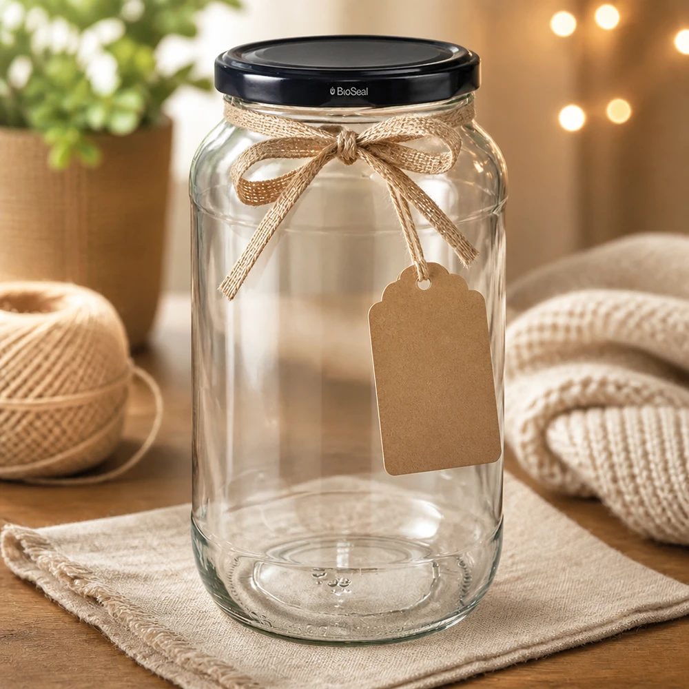 1062ml tarro redondo con tapa BioSeal negro UNiTWIST Tarro redondo UNiTWIST 1062 con tapa negra TO82 BioSeal decorado con cinta de yute y etiqueta de regalo Craft DIY