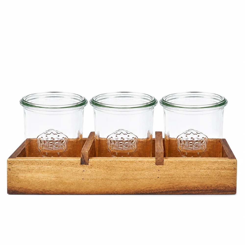 Bandeja de servir Box3 de madera de acacia para 3 vasos WECK. WECK tarros en madera de acacia tabla de servir caja3 vista frontal tres vasos en soporte de madera grano natural