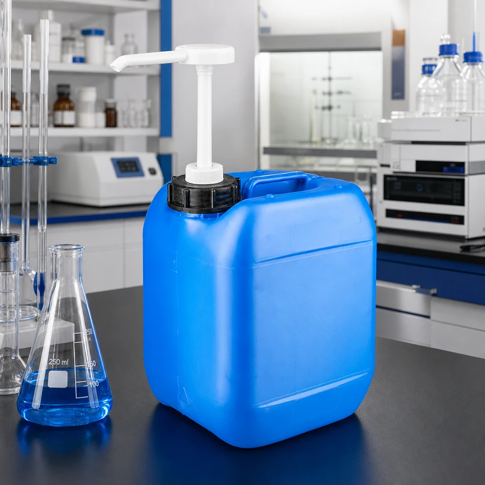 Bidón cuadrado de plástico azul de 5 litros con una bomba dosificadora blanca acoplada, en el laboratorio