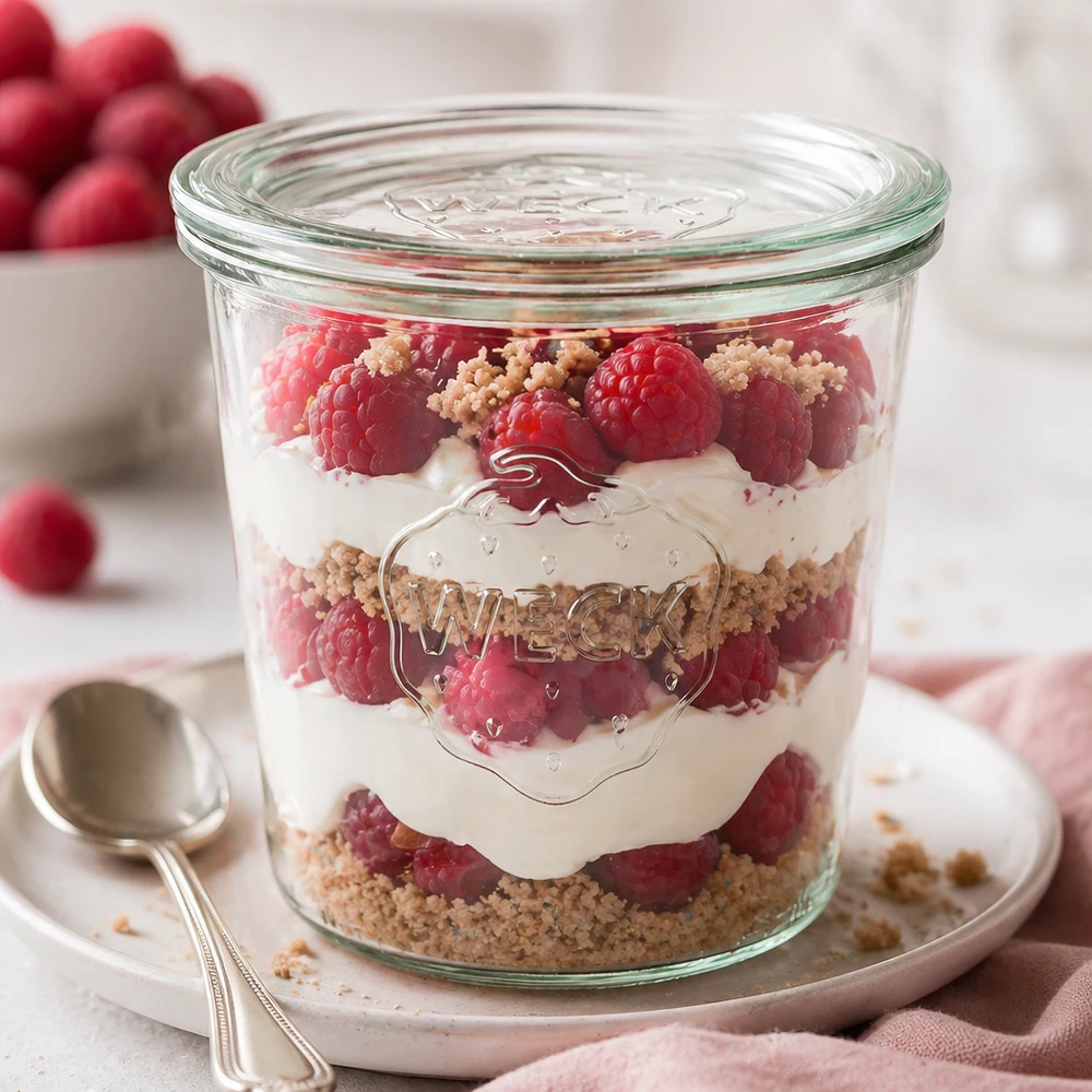 Tarro de cristal de 580 ml con tapa de cristal WECK RR100 WECK vasos 580ml RR100 como un tarro de postre con frambuesa capas de postre y crumble decorativamente dispuestos