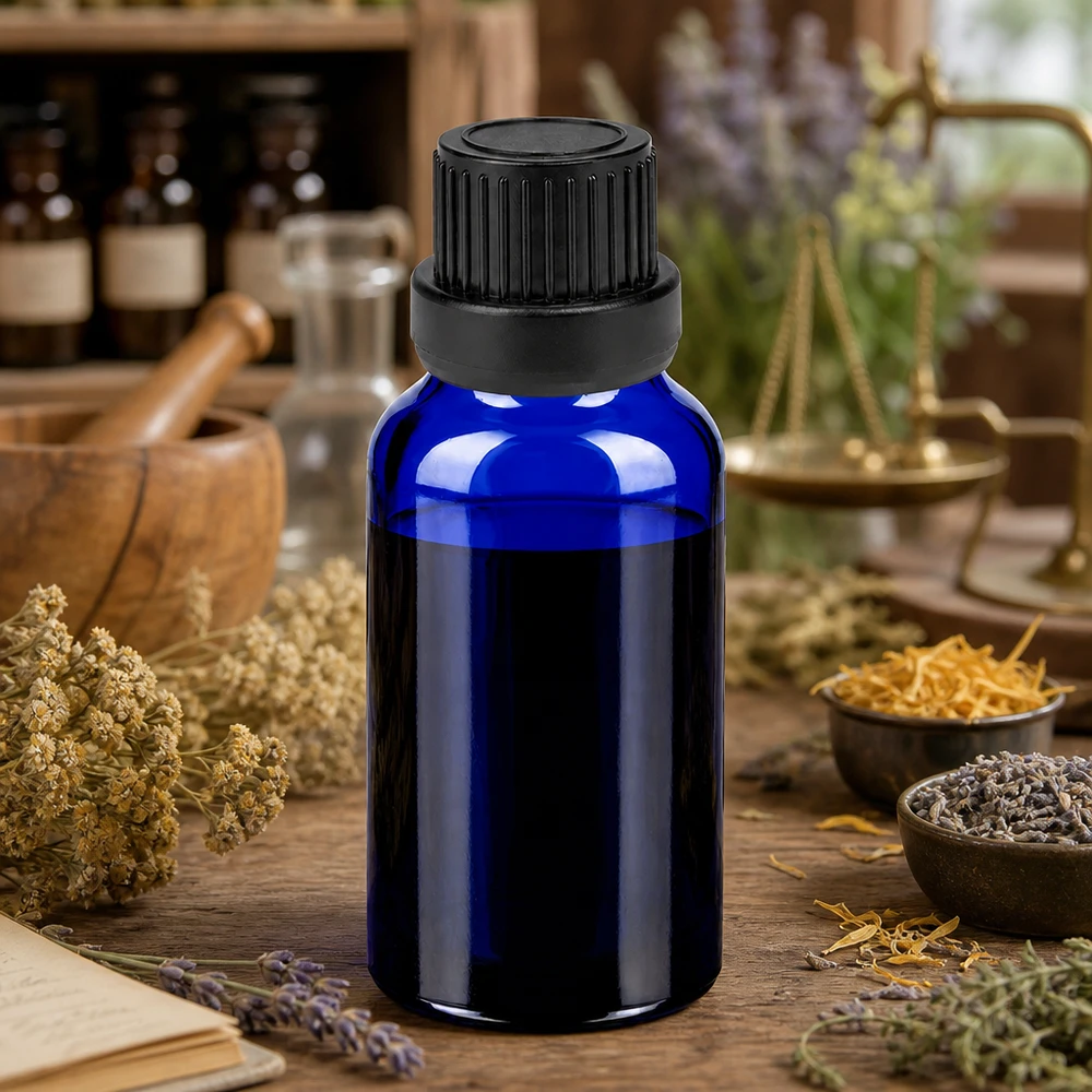 Frasco boticario compacto de 20 ml de vidrio azul con tapón negro para aceites de hierbas