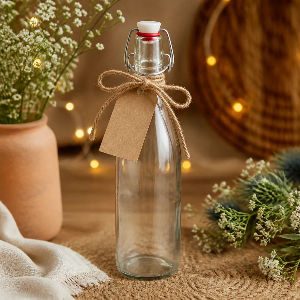 Botella de vidrio de 500ml + tapa oscilante de porcelana UNiTWIST Botella de cristal de 500ml con tapa abatible de porcelana para regalo decorada con etiqueta de papel kraft y cordón de yute