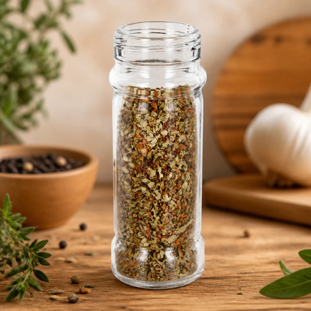 Frasco para especias «Mary» de 100 ml, de cristal transparente, con una mezcla de hierbas, sobre una mesa rústica de madera junto a hierbas frescas