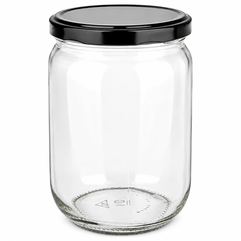 Frasco redondo de cristal de 555 ml con tapa BasicSeal Twist-Off negra, vacío y transparente