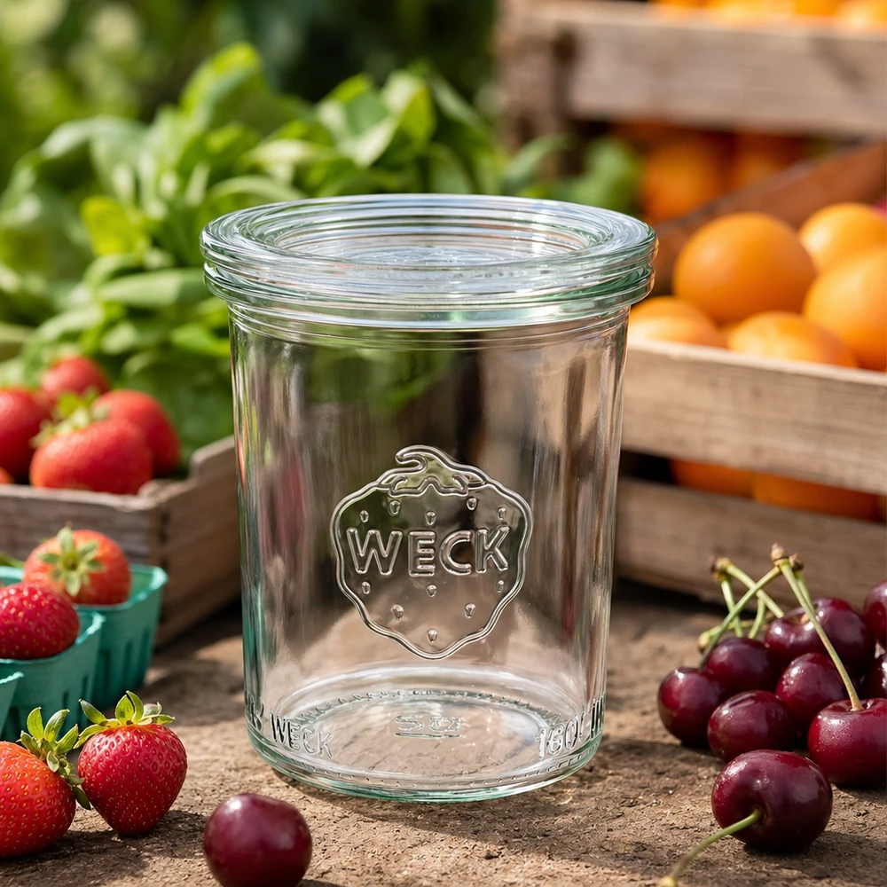 WECK RR60 160ml mason jar vacío sobre mesa de madera con cerezas, fresas y naranjas frescas para conservar