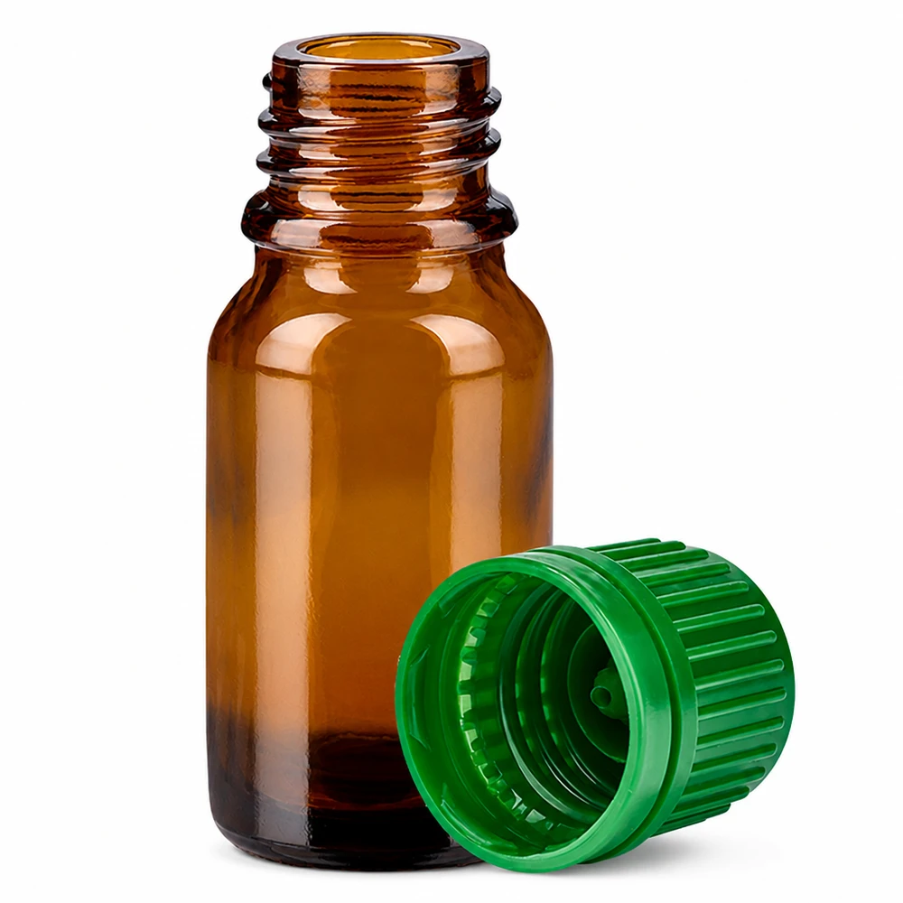 Frasco boticario de 10 ml de vidrio marrón con tapón verde para aromaterapia y cosmética natural