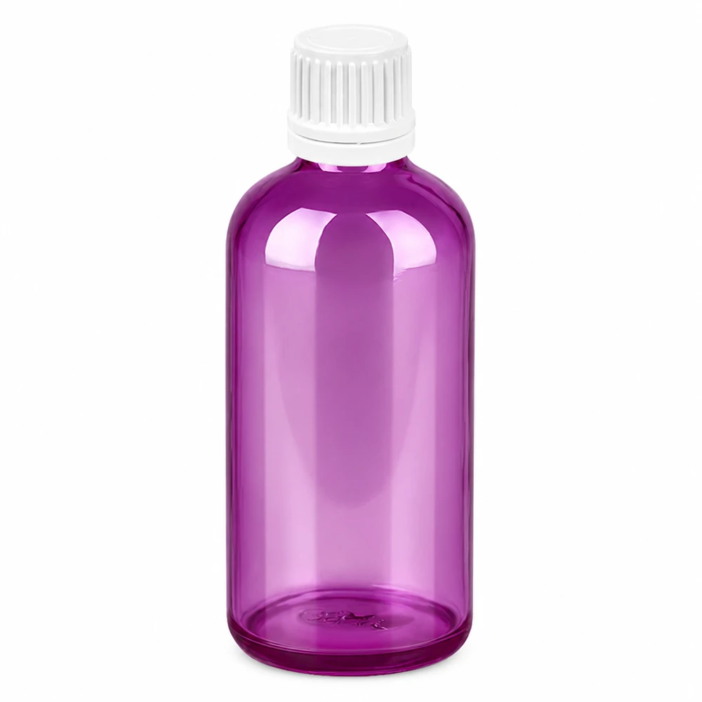 Botella de 100 ml con tapón de rosca blanco de 11 mm Tapón de rosca original PurpleLine UT18/100 Frasco de vidrio 100ml violeta transparente con tapón rosca blanco 11mm para aceites esenciales