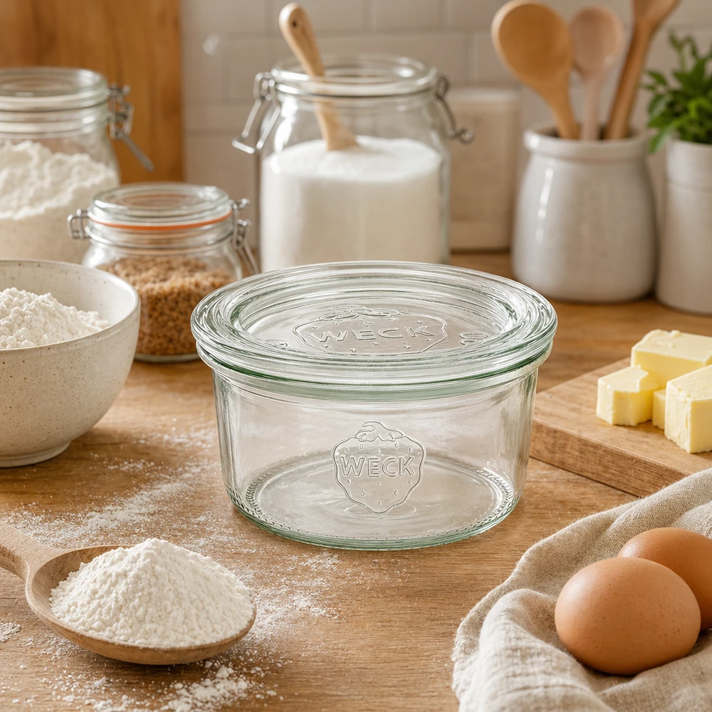 WECK 165ml RR80 tarro de cristal vacío sobre tabla de madera rodeado de ingredientes de repostería como harina huevos mantequilla en cocina